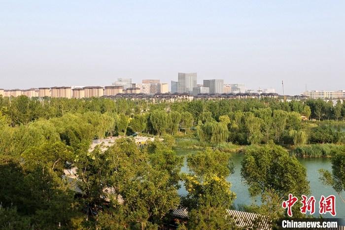 從完成頂層設(shè)計(jì)到如火如荼大規(guī)模建設(shè)，六年來，雄安新區(qū)如春天的竹子一般拔節(jié)生長，這座承載千年大計(jì)的“未來之城”已雄姿初顯。從“一張白紙”開始著墨，如今的雄安新區(qū)已是濃墨重彩的“山水畫”。<a target='_blank' href='/'>中新社</a>記者近日走訪了雄安新區(qū)多地，從“藍(lán)綠金”三色感受這座“未來之城”的巨大變化。圖為7月18日拍攝的河北雄安新區(qū)金湖公園。 <a target='_blank' href='/'>中新社</a>記者 易海菲 攝